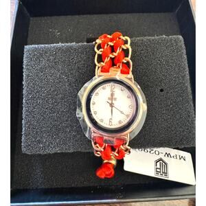 Montres Prestige 25mm Red Cord Bracelet Watch Gold Tone Crystal Dial Women NWT